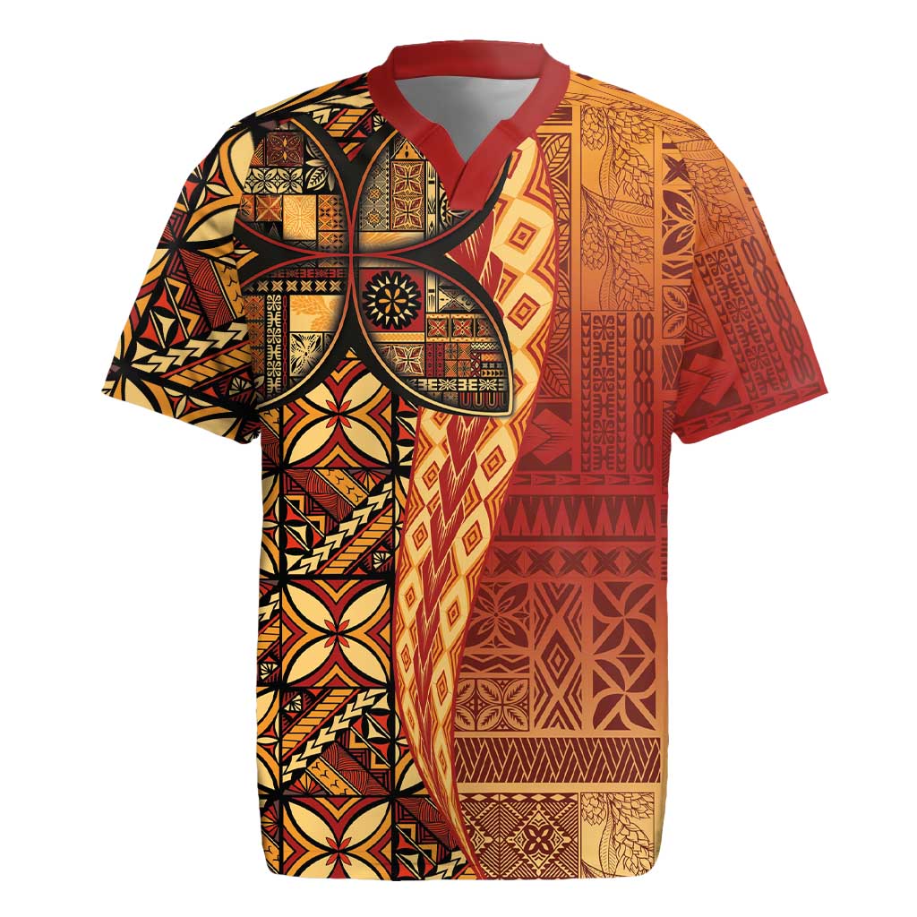 Samoan Pacific Tribal Flower Geometric Art Tattoos Rugby Jersey Siapo Pattern Flame Sunset LT03 Red - Polynesian Pride