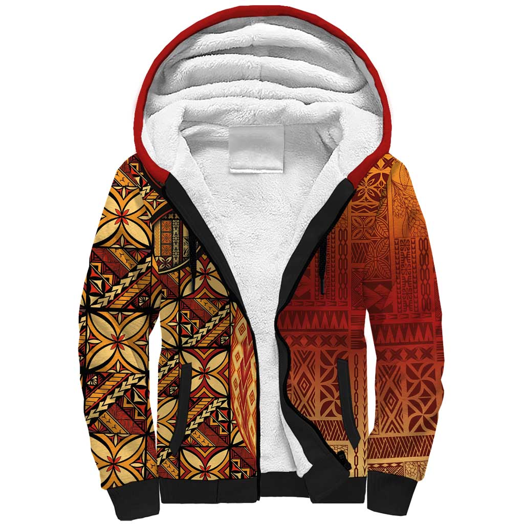Samoan Pacific Tribal Flower Geometric Art Tattoos Sherpa Hoodie Siapo Pattern Flame Sunset LT03 Unisex Red - Polynesian Pride