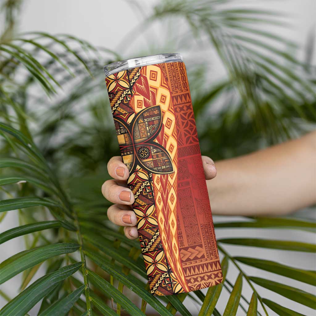 Samoan Pacific Tribal Flower Geometric Art Tattoos Skinny Tumbler Siapo Pattern Flame Sunset - Polynesian Pride