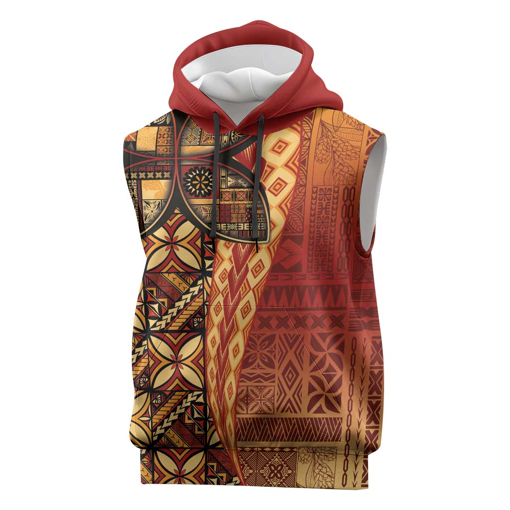 Samoan Pacific Tribal Flower Geometric Art Tattoos Sleeveless Hoodie Siapo Pattern Flame Sunset LT03 Red - Polynesian Pride
