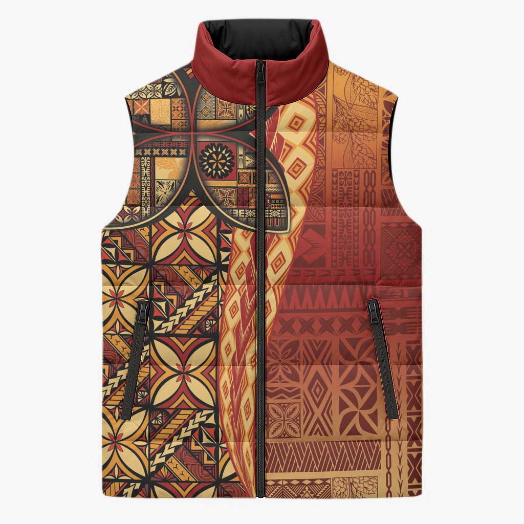 Samoan Pacific Tribal Flower Geometric Art Tattoos Sleeveless Puffer Jacket Siapo Pattern Flame Sunset LT03 Red - Polynesian Pride