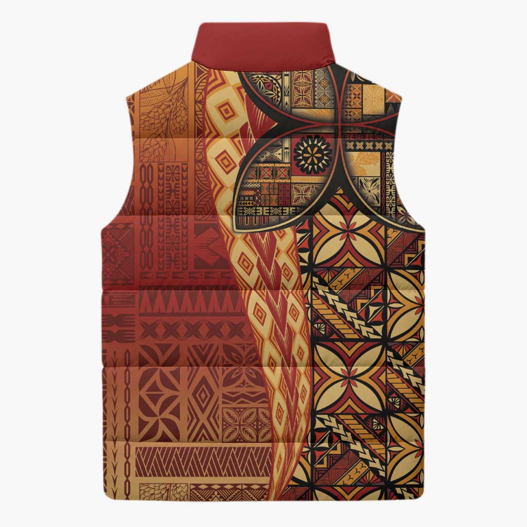 Samoan Pacific Tribal Flower Geometric Art Tattoos Sleeveless Puffer Jacket Siapo Pattern Flame Sunset LT03 - Polynesian Pride