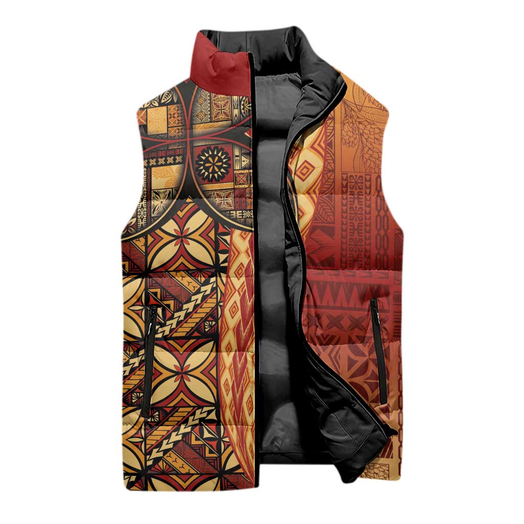 Samoan Pacific Tribal Flower Geometric Art Tattoos Sleeveless Puffer Jacket Siapo Pattern Flame Sunset LT03 - Polynesian Pride