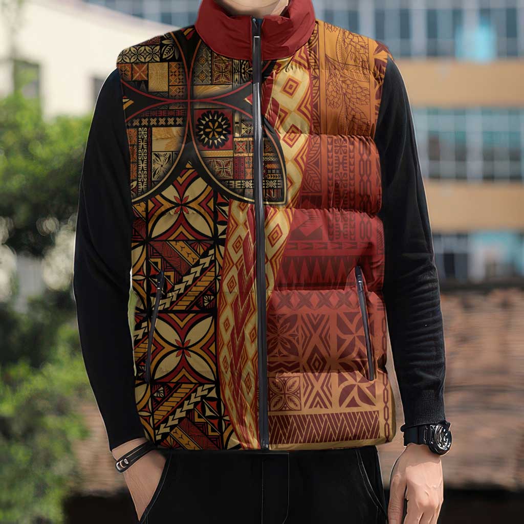 Samoan Pacific Tribal Flower Geometric Art Tattoos Sleeveless Puffer Jacket Siapo Pattern Flame Sunset LT03 - Polynesian Pride