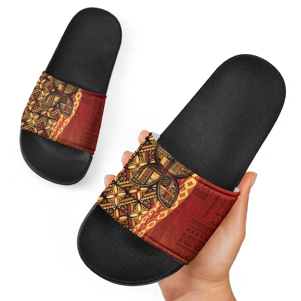 Samoan Pacific Tribal Flower Geometric Art Tattoos Slide Sandals Siapo Pattern Flame Sunset - Polynesian Pride