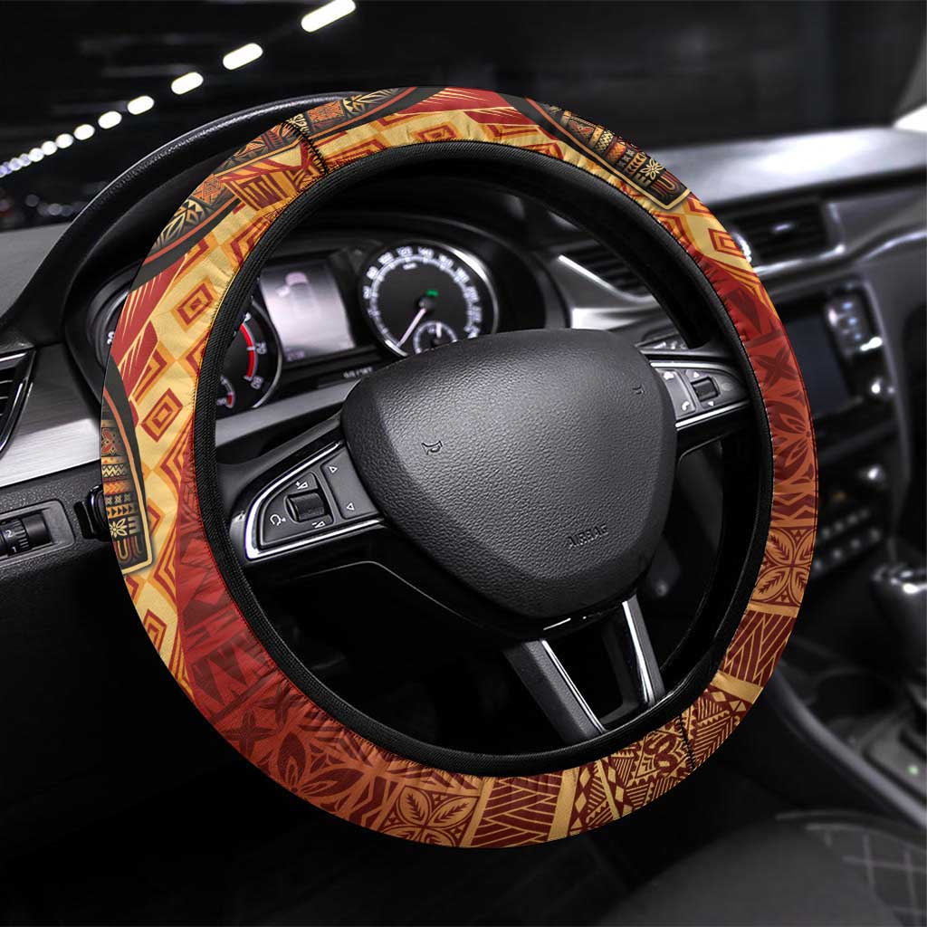 Samoan Pacific Tribal Flower Geometric Art Tattoos Steering Wheel Cover Siapo Pattern Flame Sunset LT03 Universal Fit Red - Polynesian Pride
