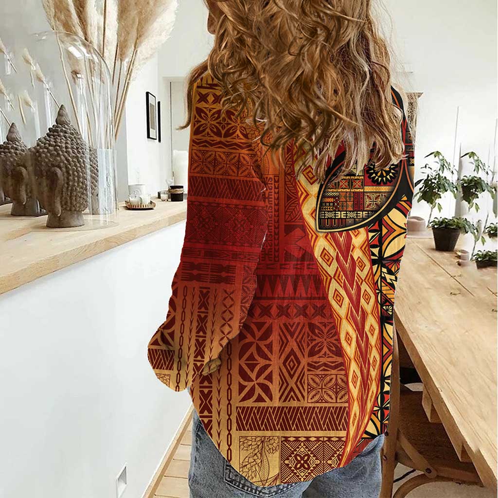 Samoan Pacific Tribal Flower Geometric Art Tattoos Women Casual Shirt Siapo Pattern Flame Sunset - Polynesian Pride