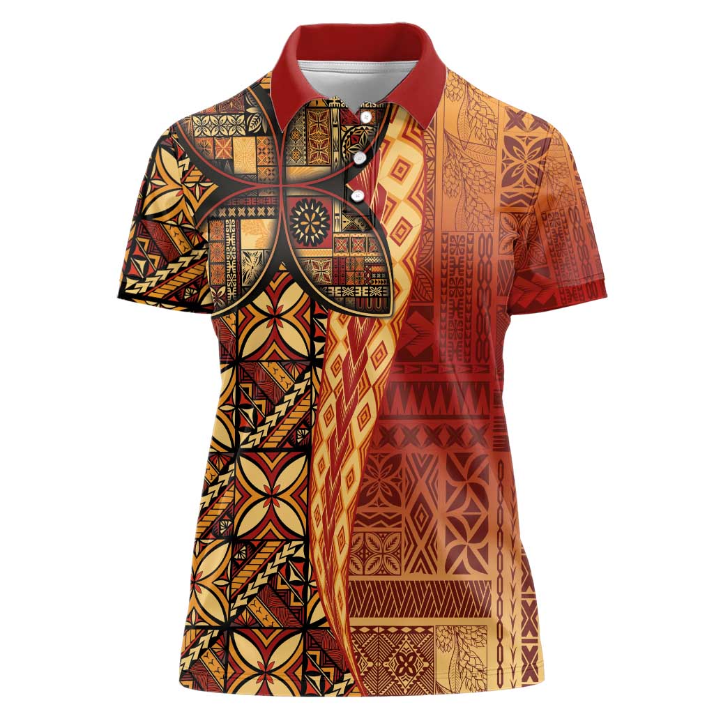 Samoan Pacific Tribal Flower Geometric Art Tattoos Women Polo Shirt Siapo Pattern Flame Sunset - Polynesian Pride