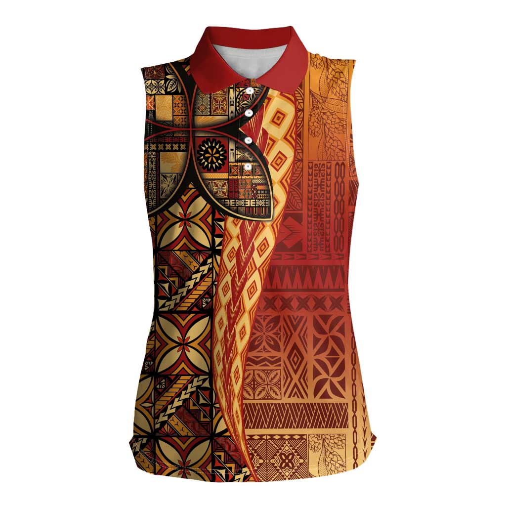 Samoan Pacific Tribal Flower Geometric Art Tattoos Women Sleeveless Polo Shirt Siapo Pattern Flame Sunset LT03 Female Red - Polynesian Pride