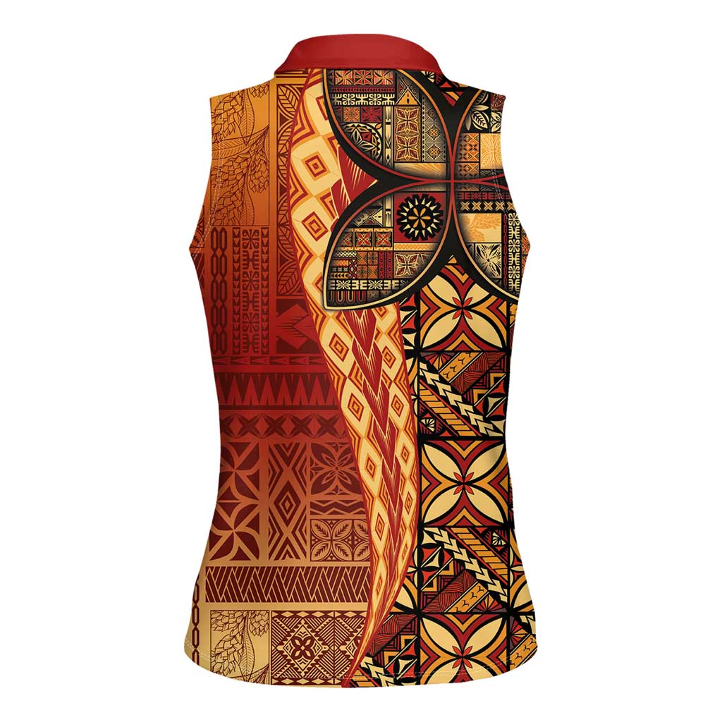 Samoan Pacific Tribal Flower Geometric Art Tattoos Women Sleeveless Polo Shirt Siapo Pattern Flame Sunset LT03 - Polynesian Pride