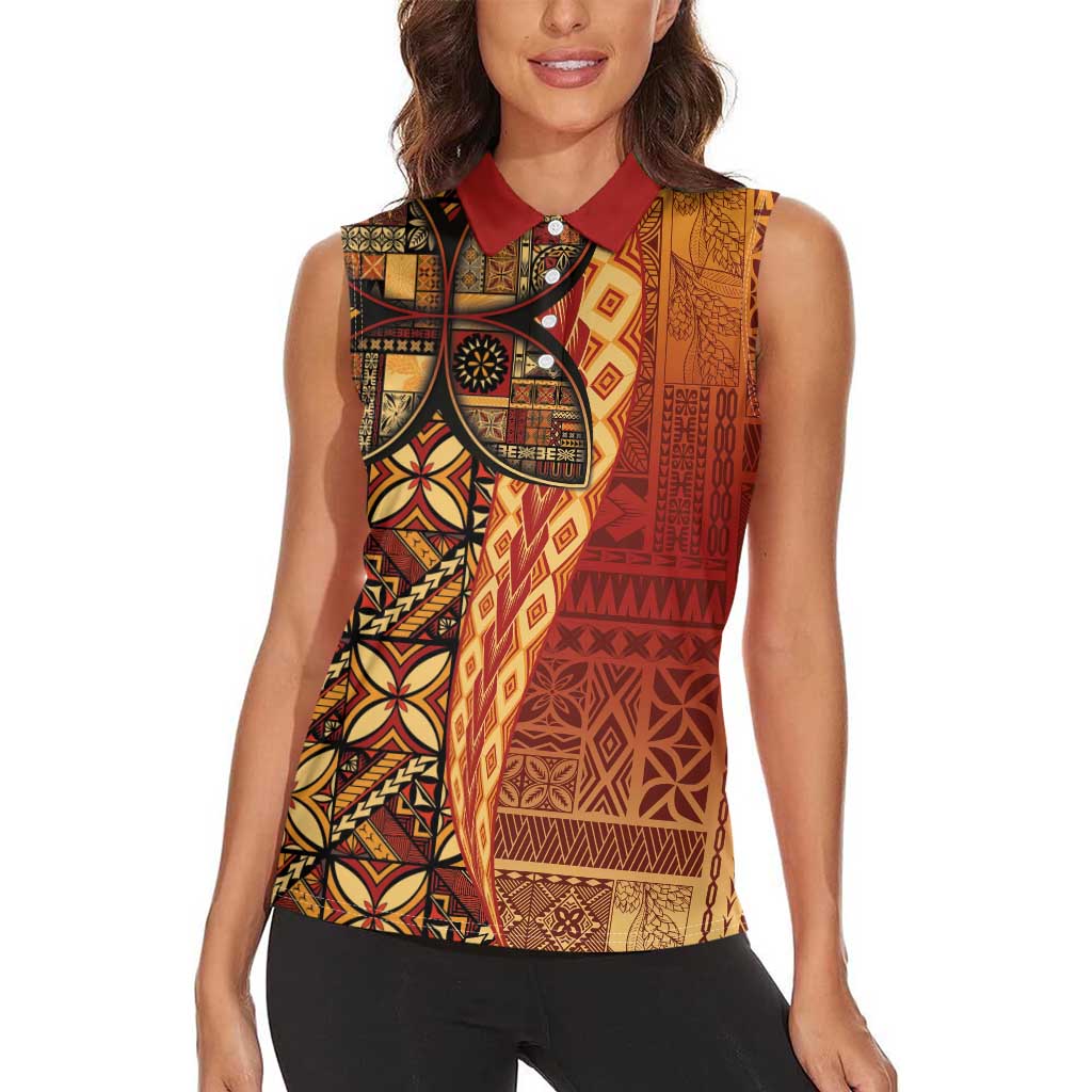 Samoan Pacific Tribal Flower Geometric Art Tattoos Women Sleeveless Polo Shirt Siapo Pattern Flame Sunset LT03 - Polynesian Pride