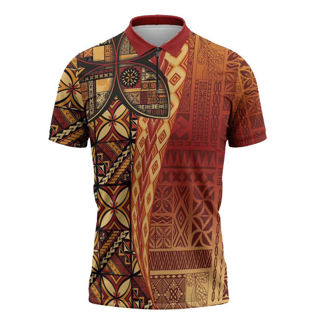 Samoan Pacific Tribal Flower Geometric Art Tattoos Zipper Polo Shirt Siapo Pattern Flame Sunset LT03 Red - Polynesian Pride