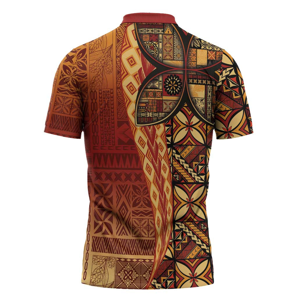 Samoan Pacific Tribal Flower Geometric Art Tattoos Zipper Polo Shirt Siapo Pattern Flame Sunset LT03 - Polynesian Pride