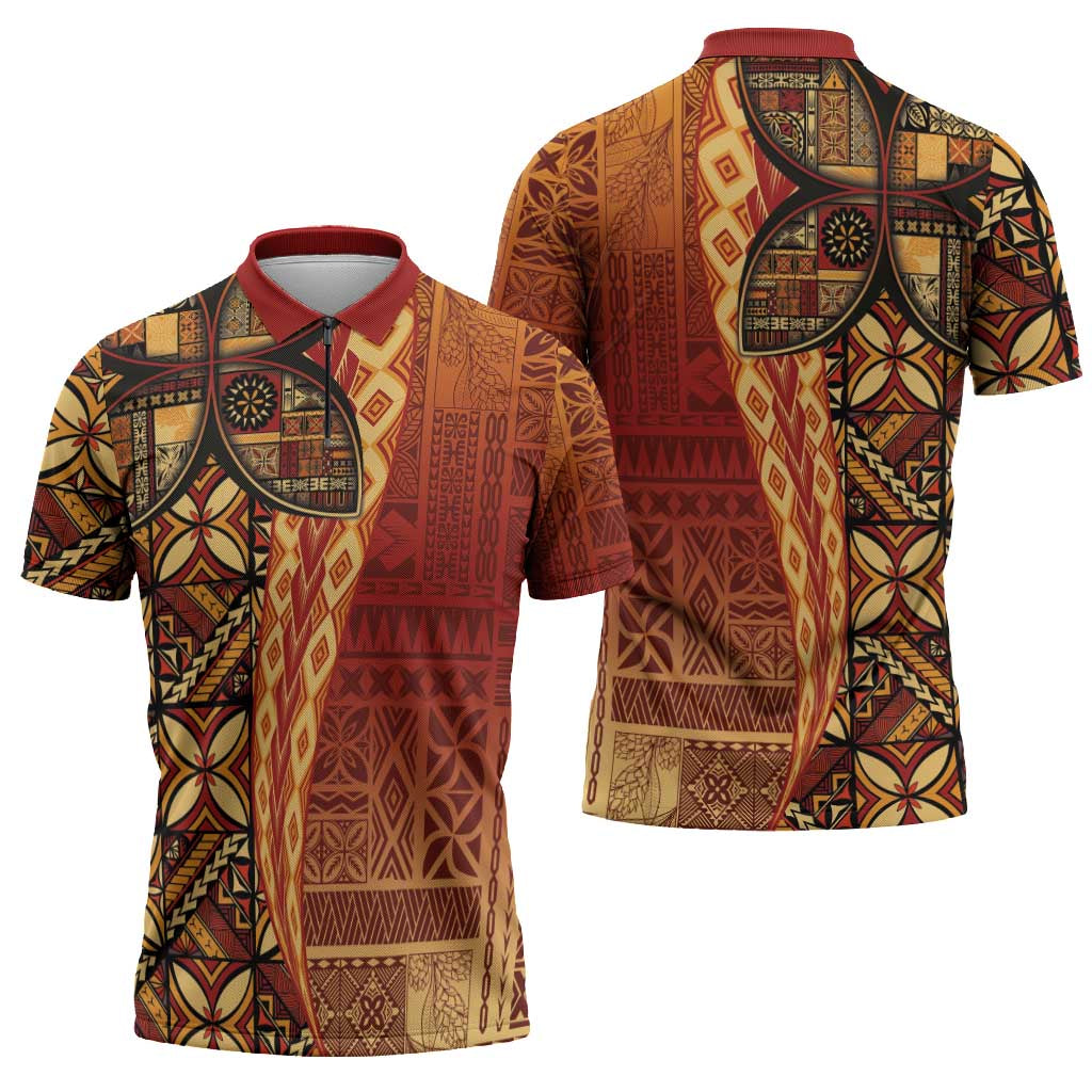 Samoan Pacific Tribal Flower Geometric Art Tattoos Zipper Polo Shirt Siapo Pattern Flame Sunset LT03 - Polynesian Pride