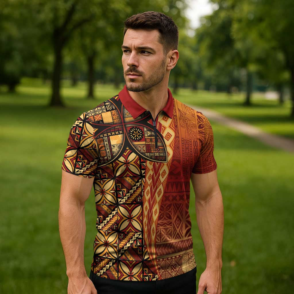 Samoan Pacific Tribal Flower Geometric Art Tattoos Zipper Polo Shirt Siapo Pattern Flame Sunset LT03 - Polynesian Pride