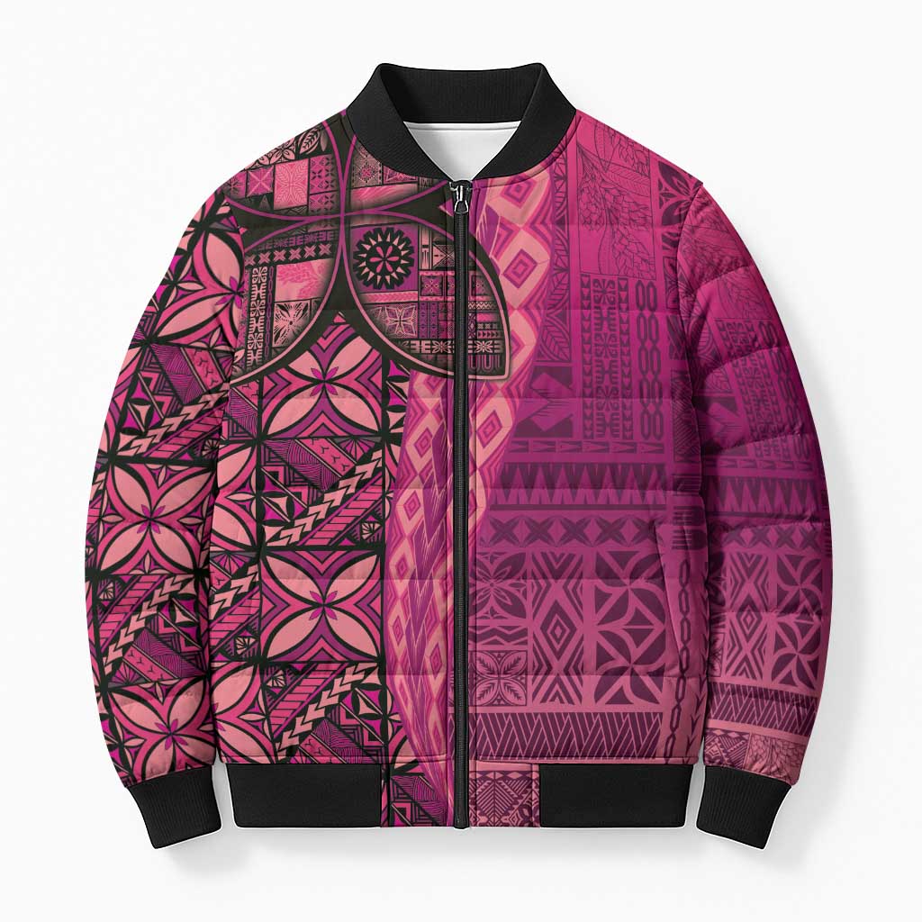 Samoan Pacific Tribal Flower Geometric Art Tattoos Bomber Puffer Jacket Siapo Pattern Romantic Rose LT03 Pink - Polynesian Pride