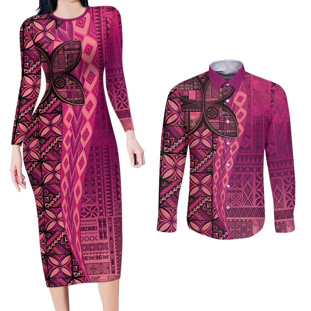 Samoan Pacific Tribal Flower Geometric Art Tattoos Couples Matching Long Sleeve Bodycon Dress and Long Sleeve Button Shirt Siapo Pattern Romantic Rose LT03 Pink - Polynesian Pride