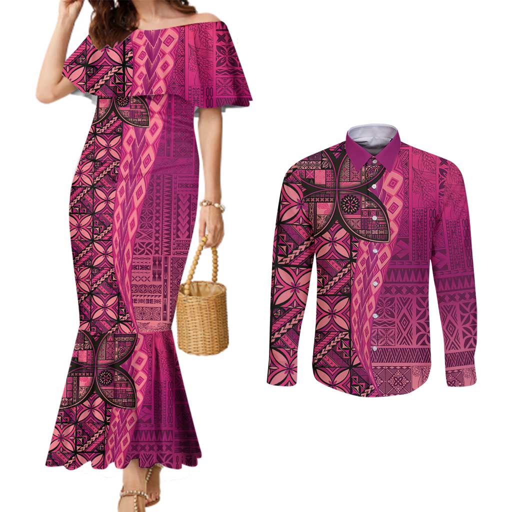 Samoan Pacific Tribal Flower Geometric Art Tattoos Couples Matching Mermaid Dress and Long Sleeve Button Shirt Siapo Pattern Romantic Rose LT03 Pink - Polynesian Pride