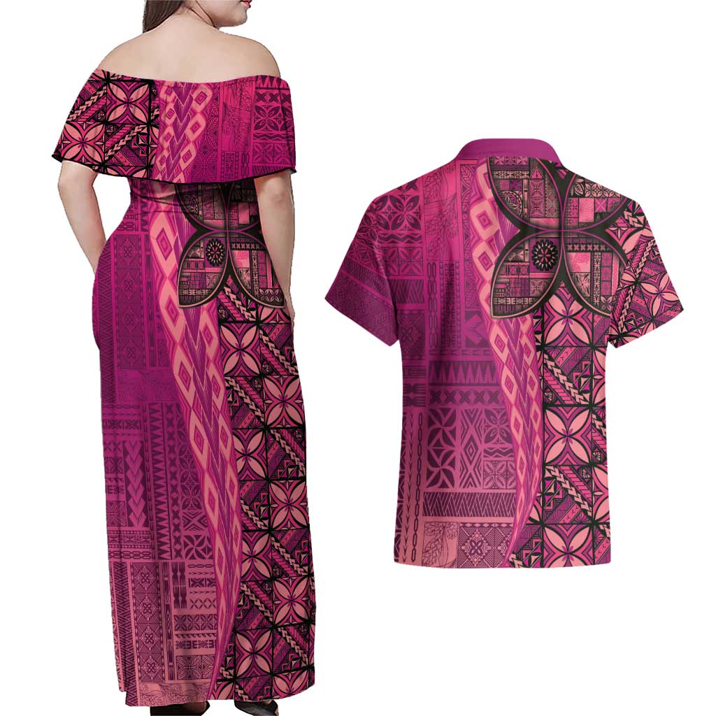 Samoan Pacific Tribal Flower Geometric Art Tattoos Couples Matching Off Shoulder Maxi Dress and Hawaiian Shirt Siapo Pattern Romantic Rose - Polynesian Pride