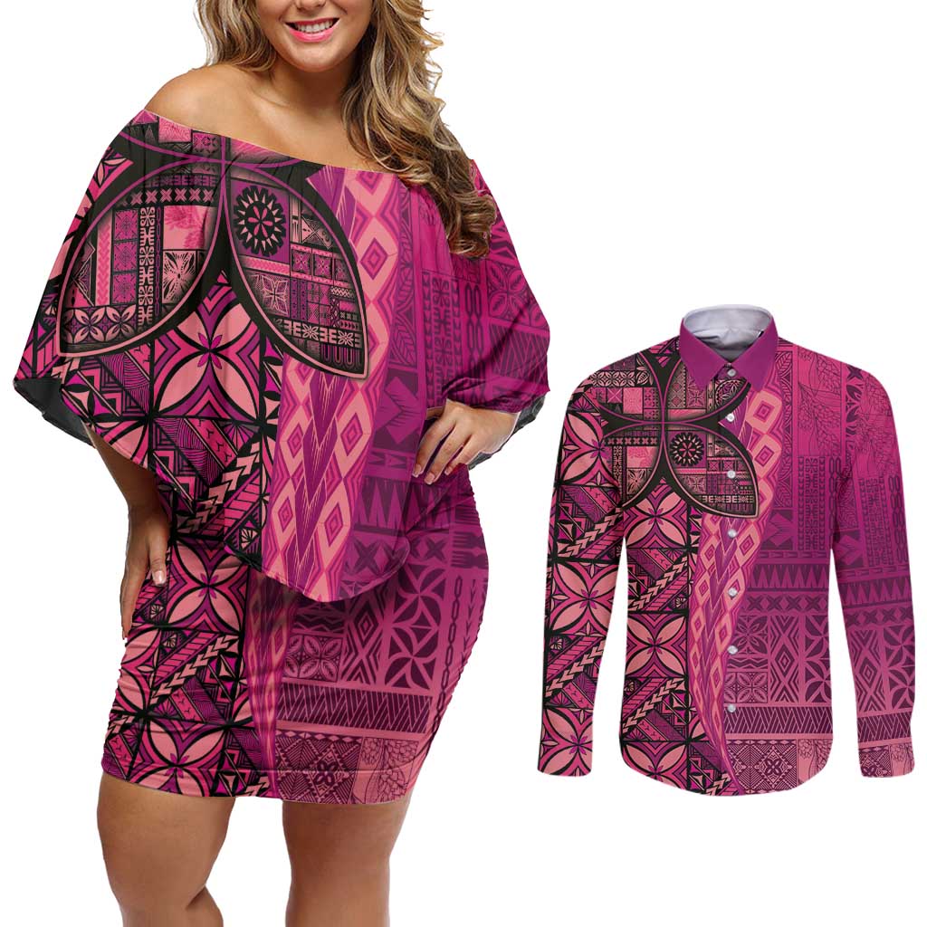 Samoan Pacific Tribal Flower Geometric Art Tattoos Couples Matching Off Shoulder Short Dress and Long Sleeve Button Shirt Siapo Pattern Romantic Rose LT03 Pink - Polynesian Pride