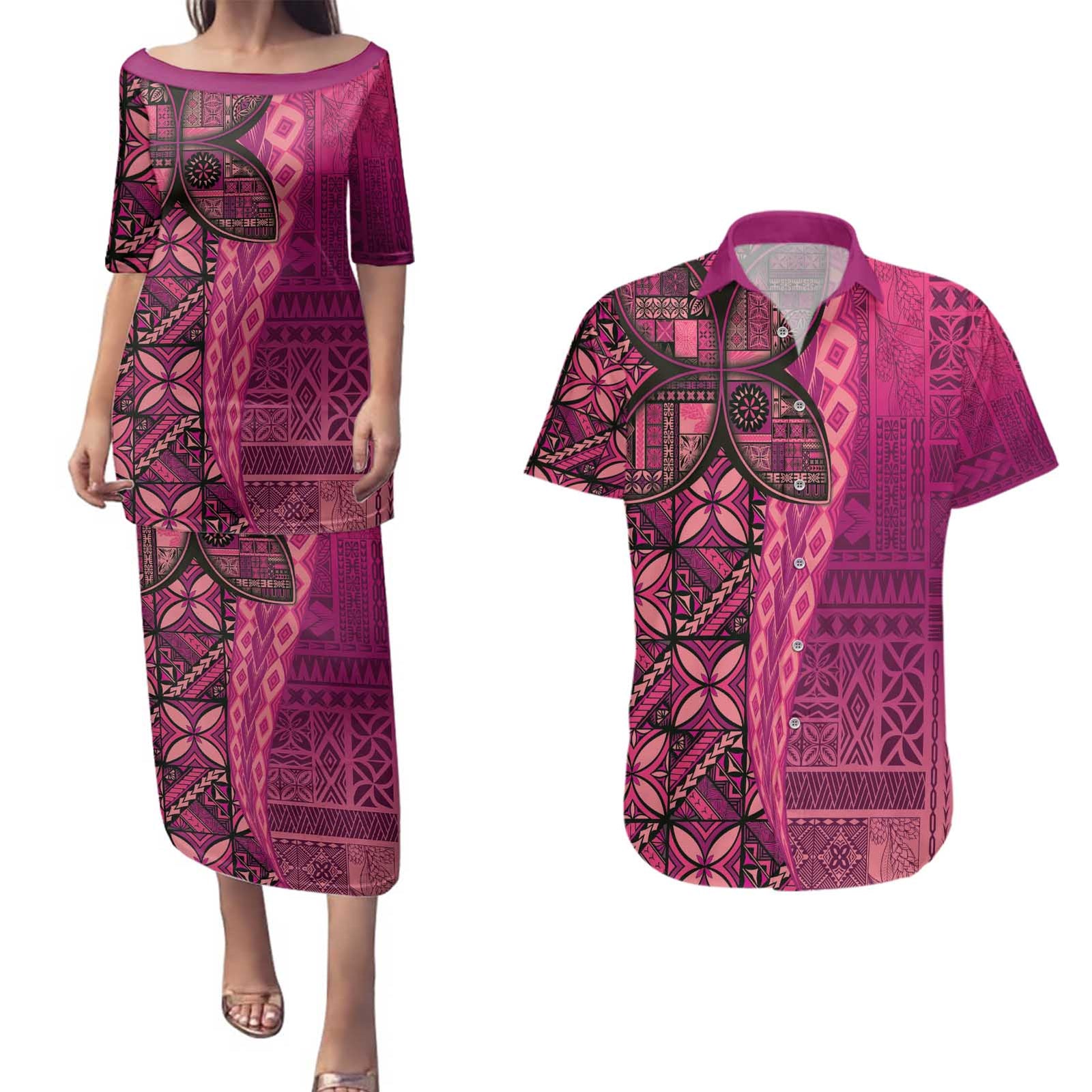 Samoan Pacific Tribal Flower Geometric Art Tattoos Couples Matching Puletasi and Hawaiian Shirt Siapo Pattern Romantic Rose LT03 Pink - Polynesian Pride