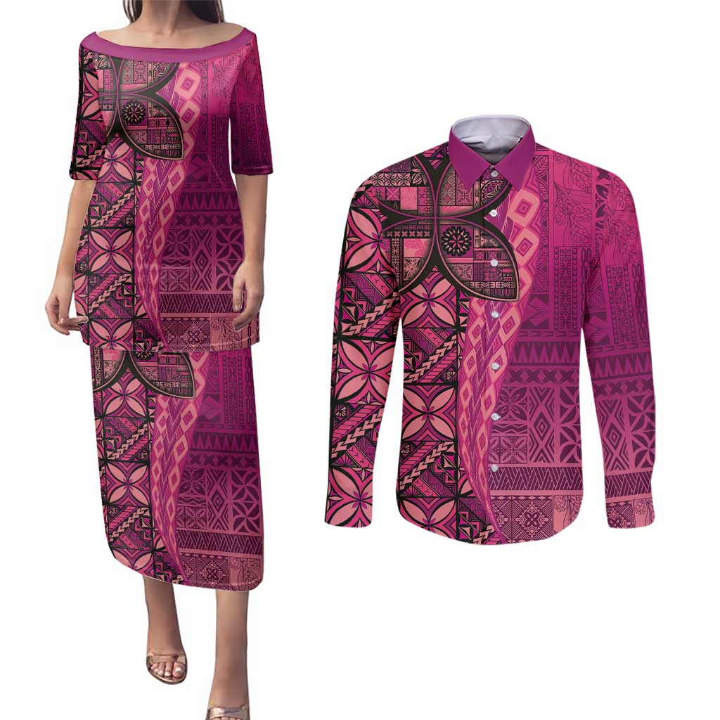 Samoan Pacific Tribal Flower Geometric Art Tattoos Couples Matching Puletasi and Long Sleeve Button Shirt Siapo Pattern Romantic Rose LT03 Pink - Polynesian Pride