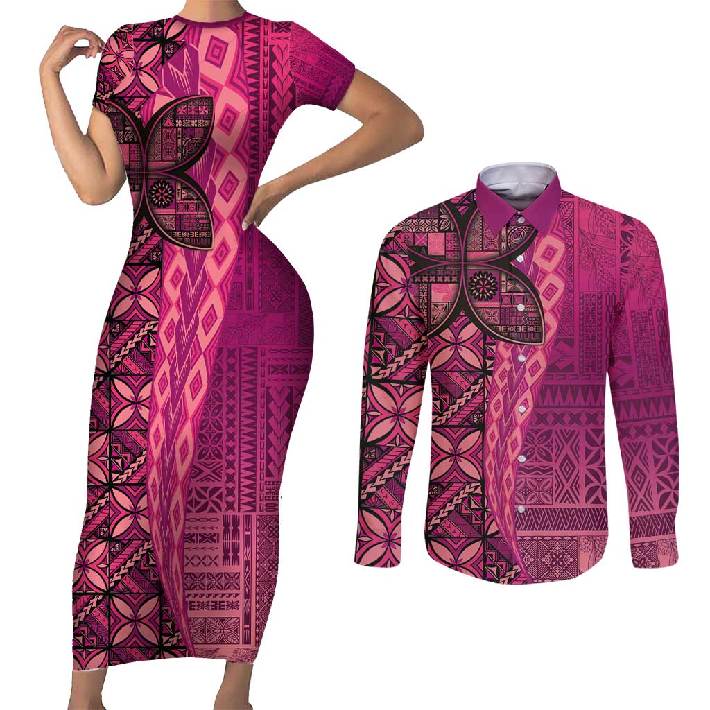 Samoan Pacific Tribal Flower Geometric Art Tattoos Couples Matching Short Sleeve Bodycon Dress and Long Sleeve Button Shirt Siapo Pattern Romantic Rose LT03 Pink - Polynesian Pride