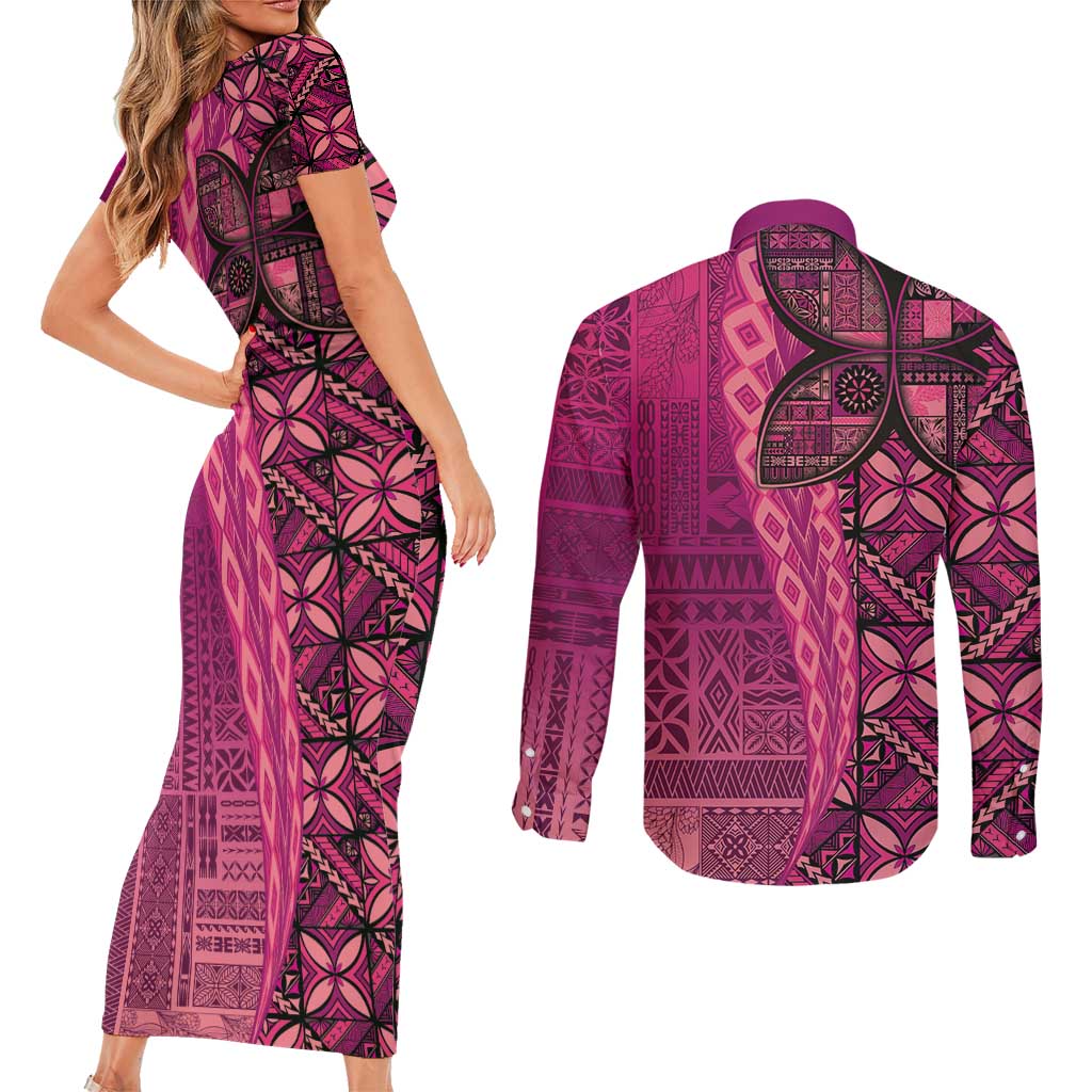 Samoan Pacific Tribal Flower Geometric Art Tattoos Couples Matching Short Sleeve Bodycon Dress and Long Sleeve Button Shirt Siapo Pattern Romantic Rose - Polynesian Pride