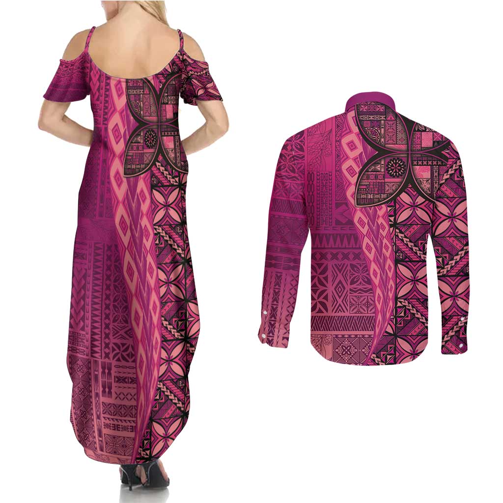Samoan Pacific Tribal Flower Geometric Art Tattoos Couples Matching Summer Maxi Dress and Long Sleeve Button Shirt Siapo Pattern Romantic Rose LT03 - Polynesian Pride