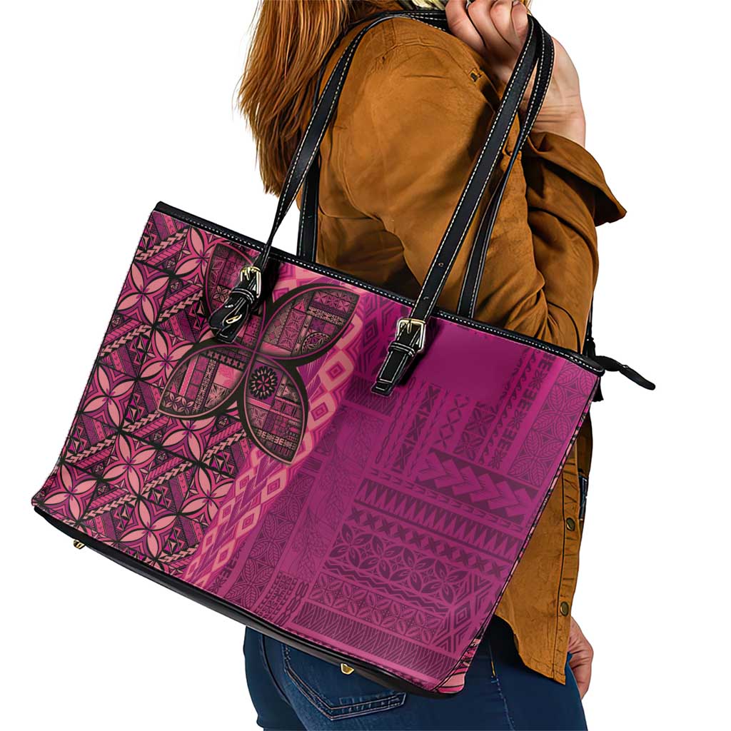 Samoan Pacific Tribal Flower Geometric Art Tattoos Leather Tote Bag Siapo Pattern Romantic Rose - Polynesian Pride