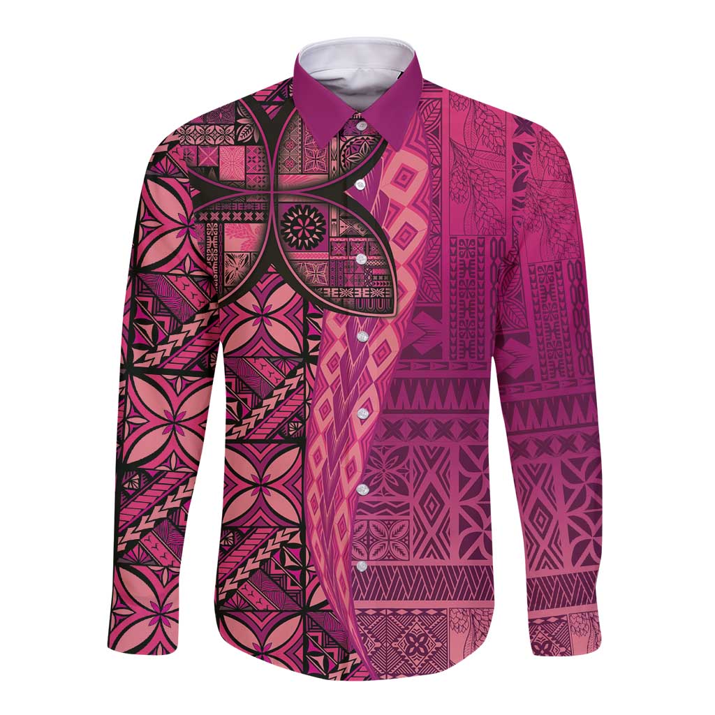 Samoan Pacific Tribal Flower Geometric Art Tattoos Long Sleeve Button Shirt Siapo Pattern Romantic Rose LT03 Unisex Pink - Polynesian Pride