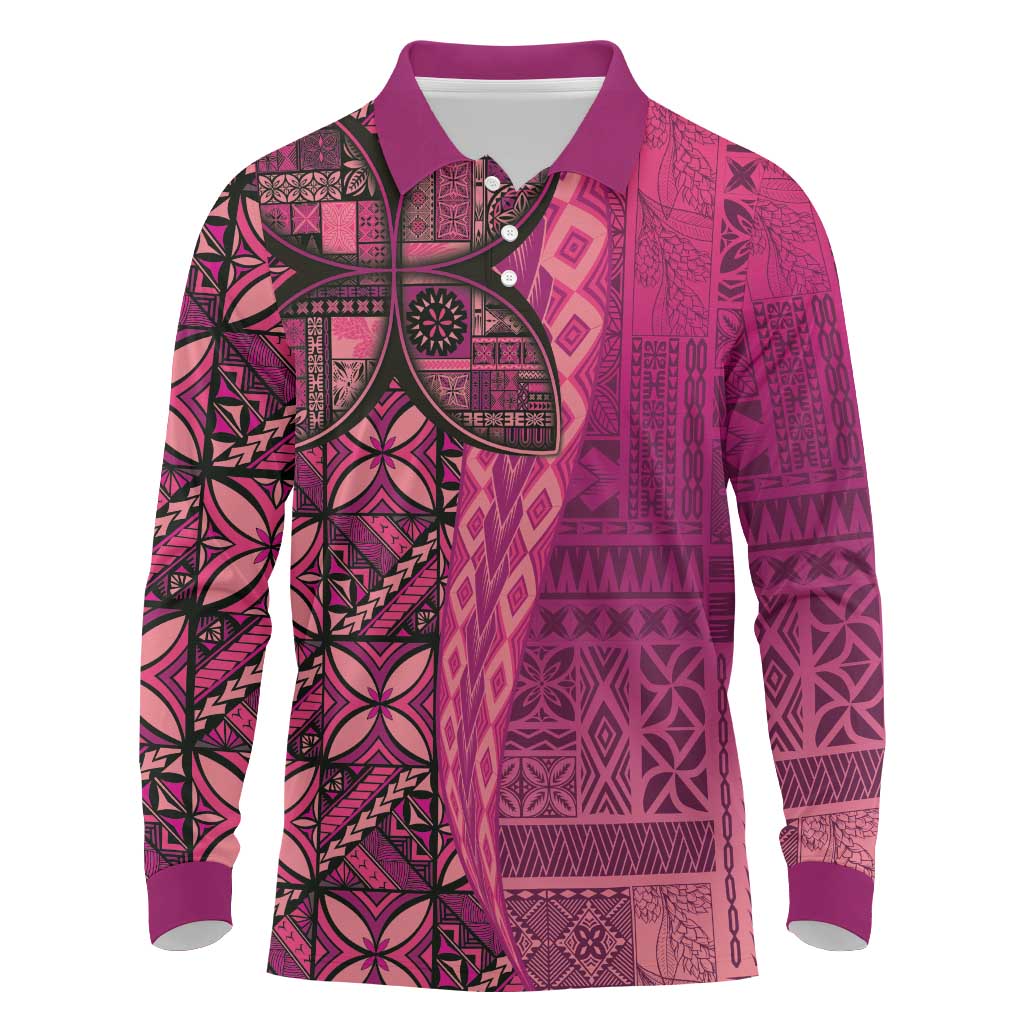 Samoan Pacific Tribal Flower Geometric Art Tattoos Long Sleeve Polo Shirt Siapo Pattern Romantic Rose LT03 Pink - Polynesian Pride