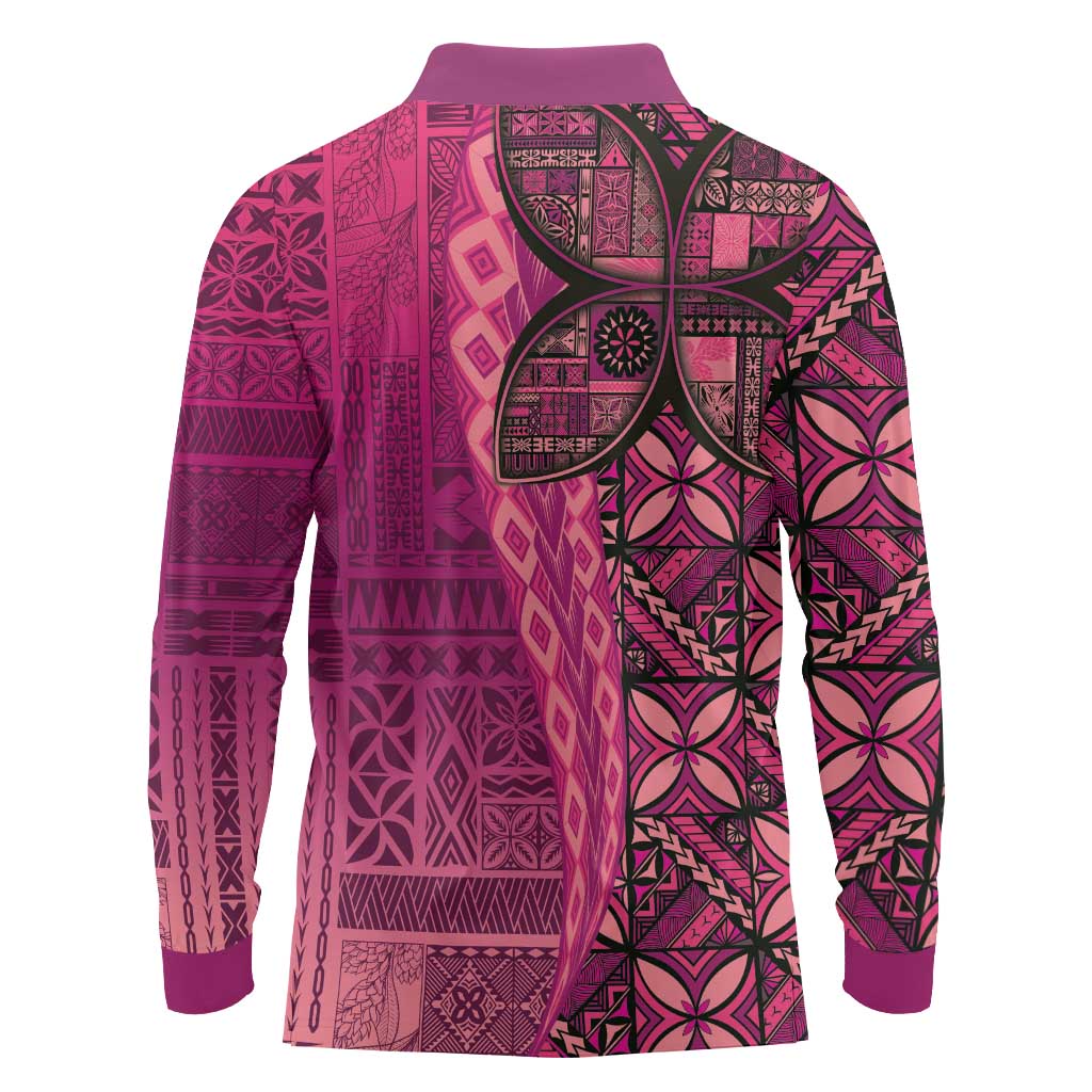 Samoan Pacific Tribal Flower Geometric Art Tattoos Long Sleeve Polo Shirt Siapo Pattern Romantic Rose LT03 - Polynesian Pride
