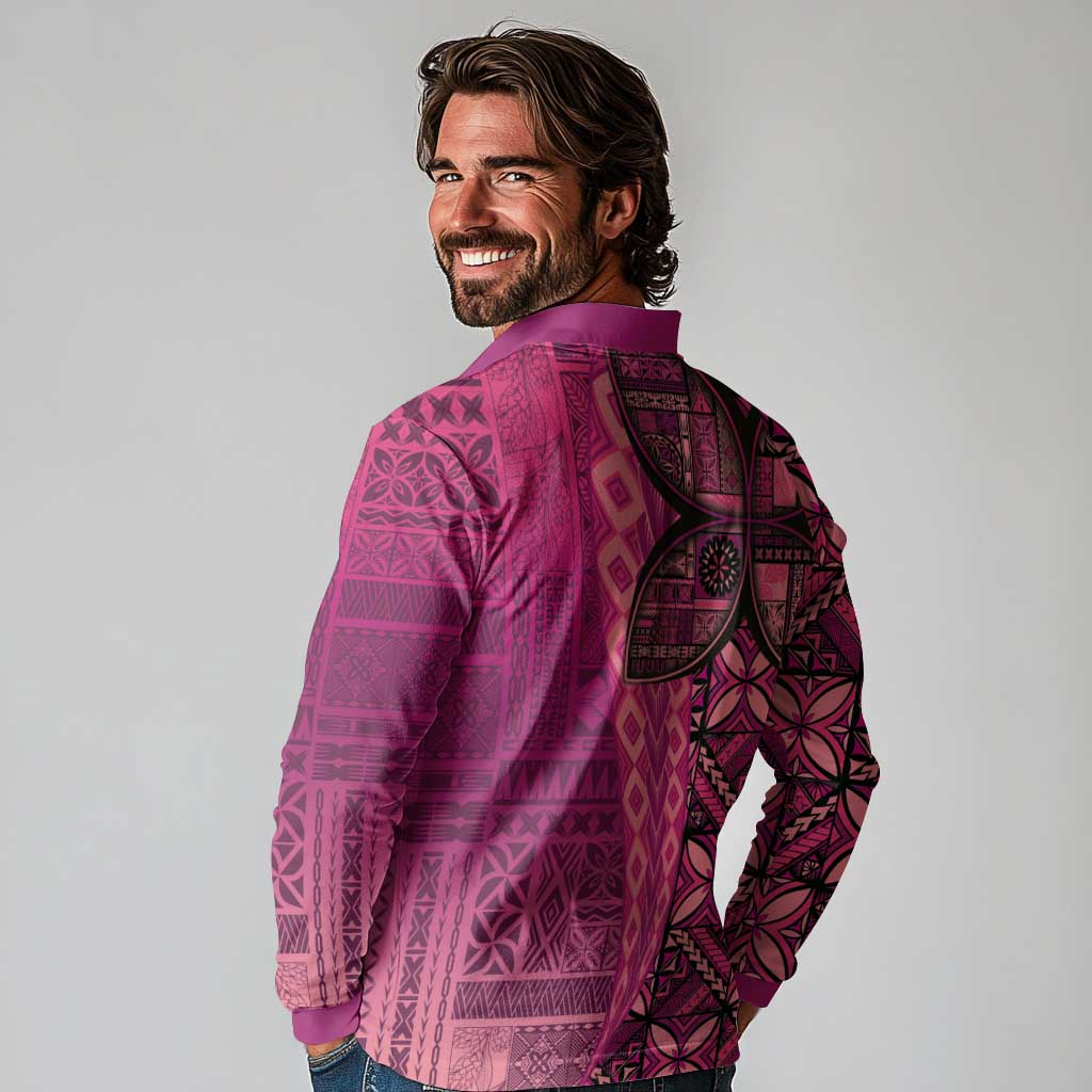 Samoan Pacific Tribal Flower Geometric Art Tattoos Long Sleeve Polo Shirt Siapo Pattern Romantic Rose LT03 - Polynesian Pride