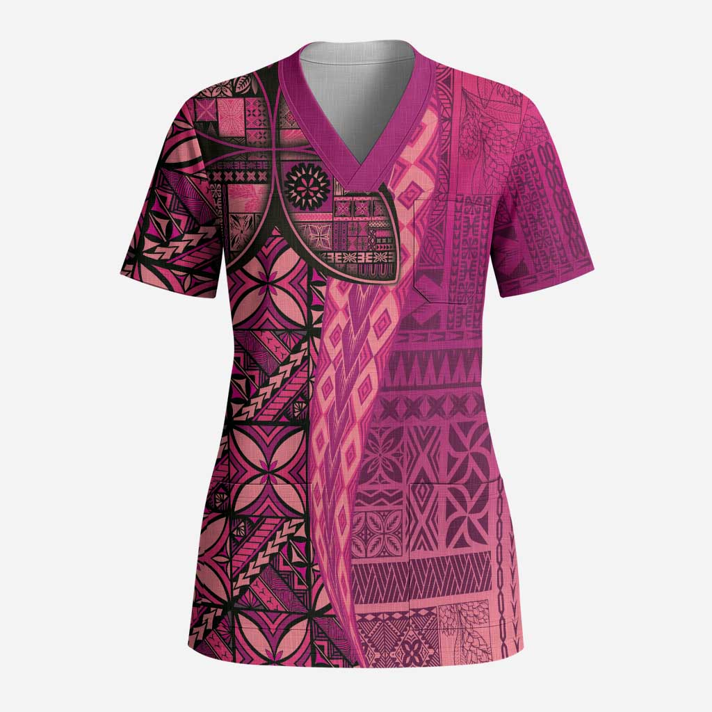 Samoan Pacific Tribal Flower Geometric Art Tattoos Scrub Top Siapo Pattern Romantic Rose LT03 Adult Pink - Polynesian Pride