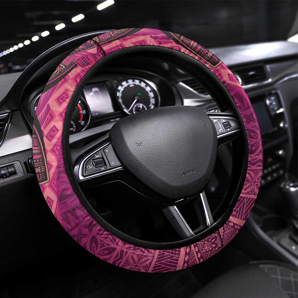 Samoan Pacific Tribal Flower Geometric Art Tattoos Steering Wheel Cover Siapo Pattern Romantic Rose LT03 Universal Fit Pink - Polynesian Pride