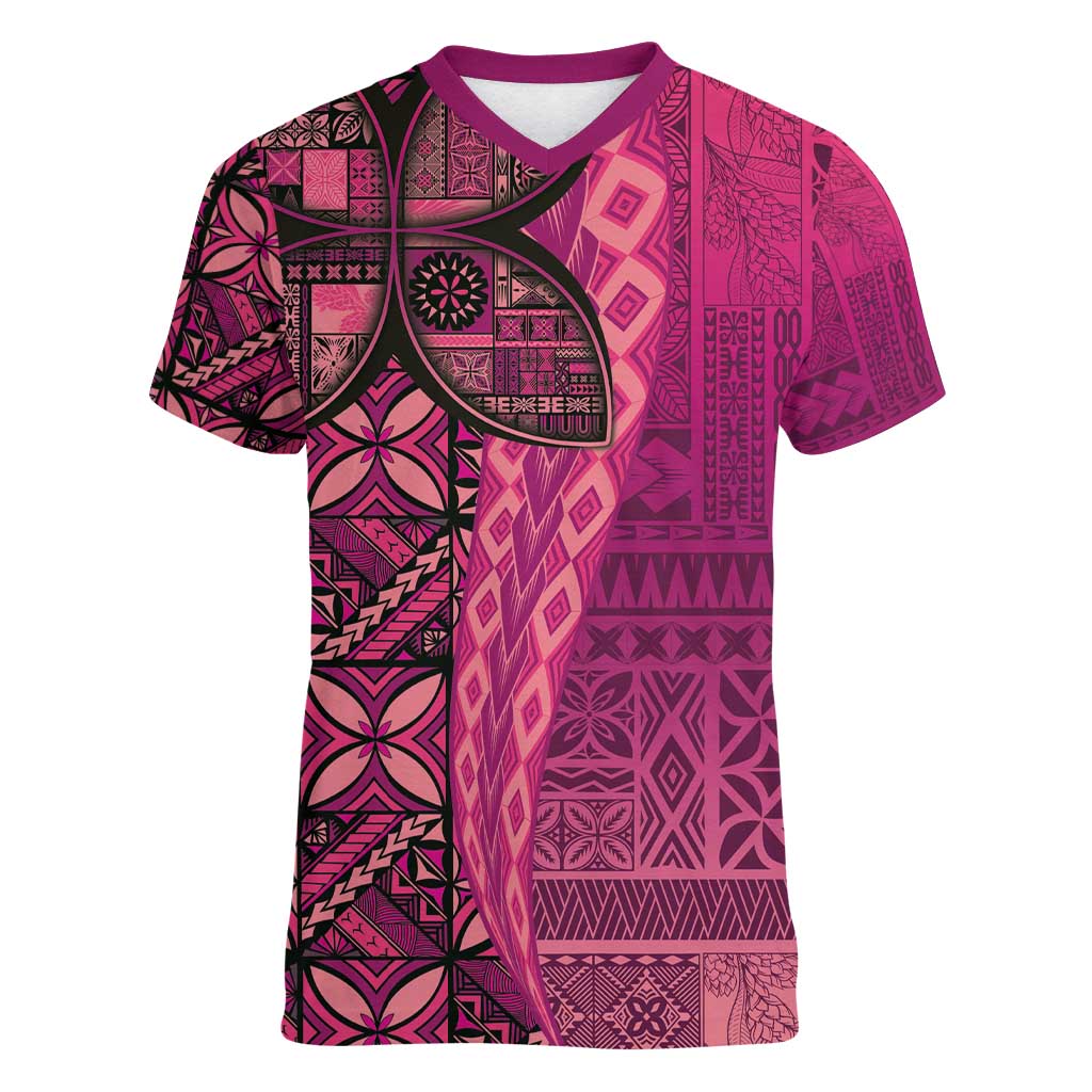 Samoan Pacific Tribal Flower Geometric Art Tattoos Women V-Neck T-Shirt Siapo Pattern Romantic Rose - Polynesian Pride