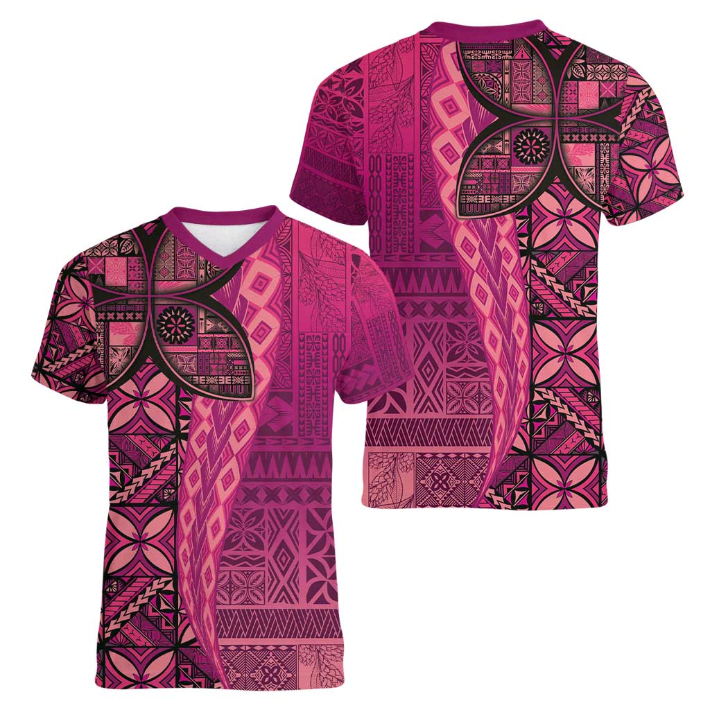 Samoan Pacific Tribal Flower Geometric Art Tattoos Women V-Neck T-Shirt Siapo Pattern Romantic Rose - Polynesian Pride