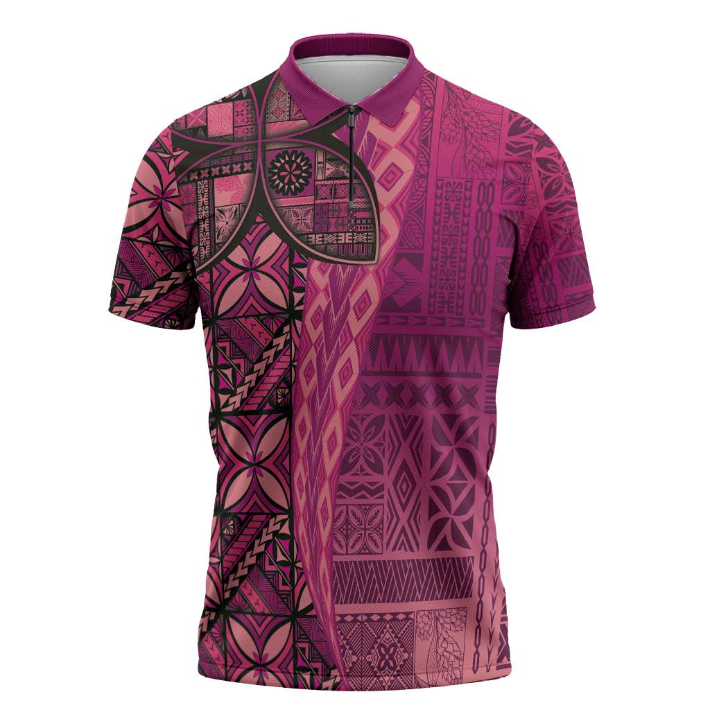 Samoan Pacific Tribal Flower Geometric Art Tattoos Zipper Polo Shirt Siapo Pattern Romantic Rose LT03 Pink - Polynesian Pride