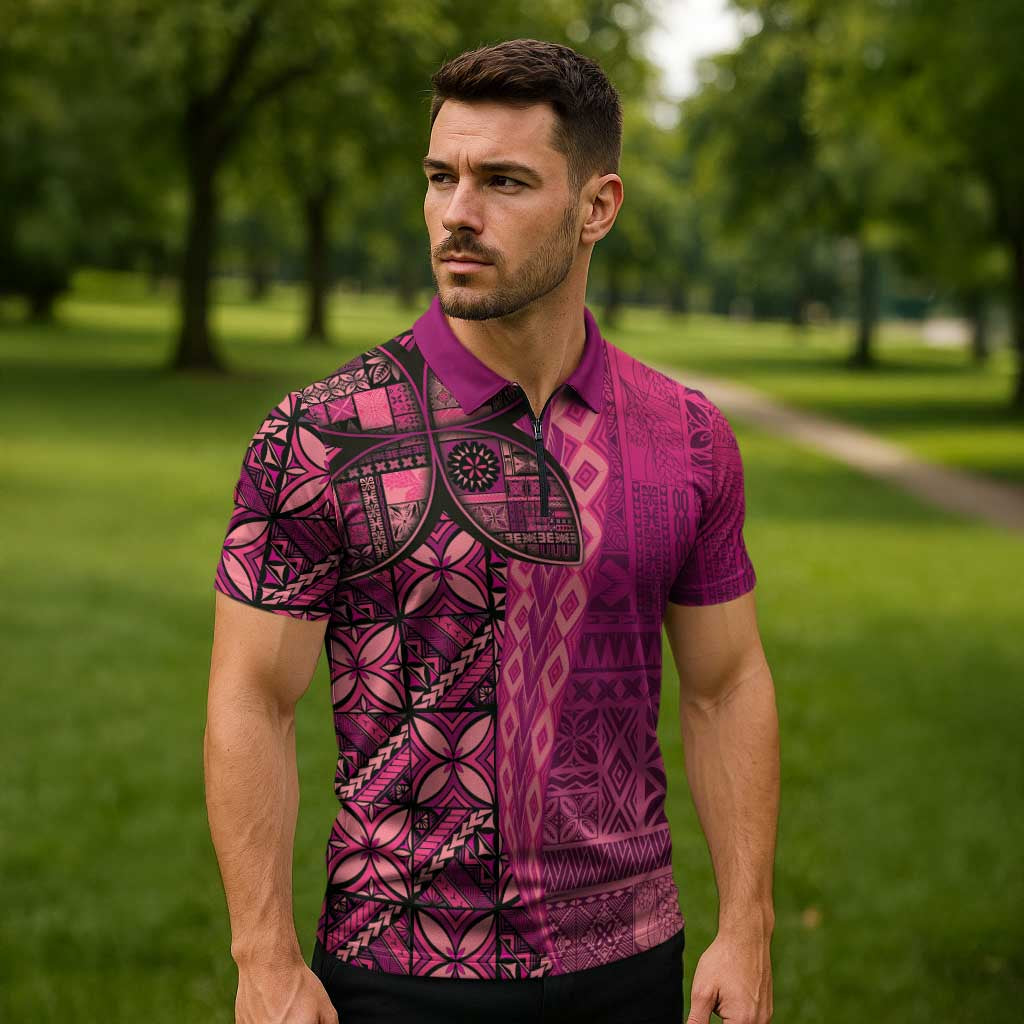 Samoan Pacific Tribal Flower Geometric Art Tattoos Zipper Polo Shirt Siapo Pattern Romantic Rose LT03 - Polynesian Pride