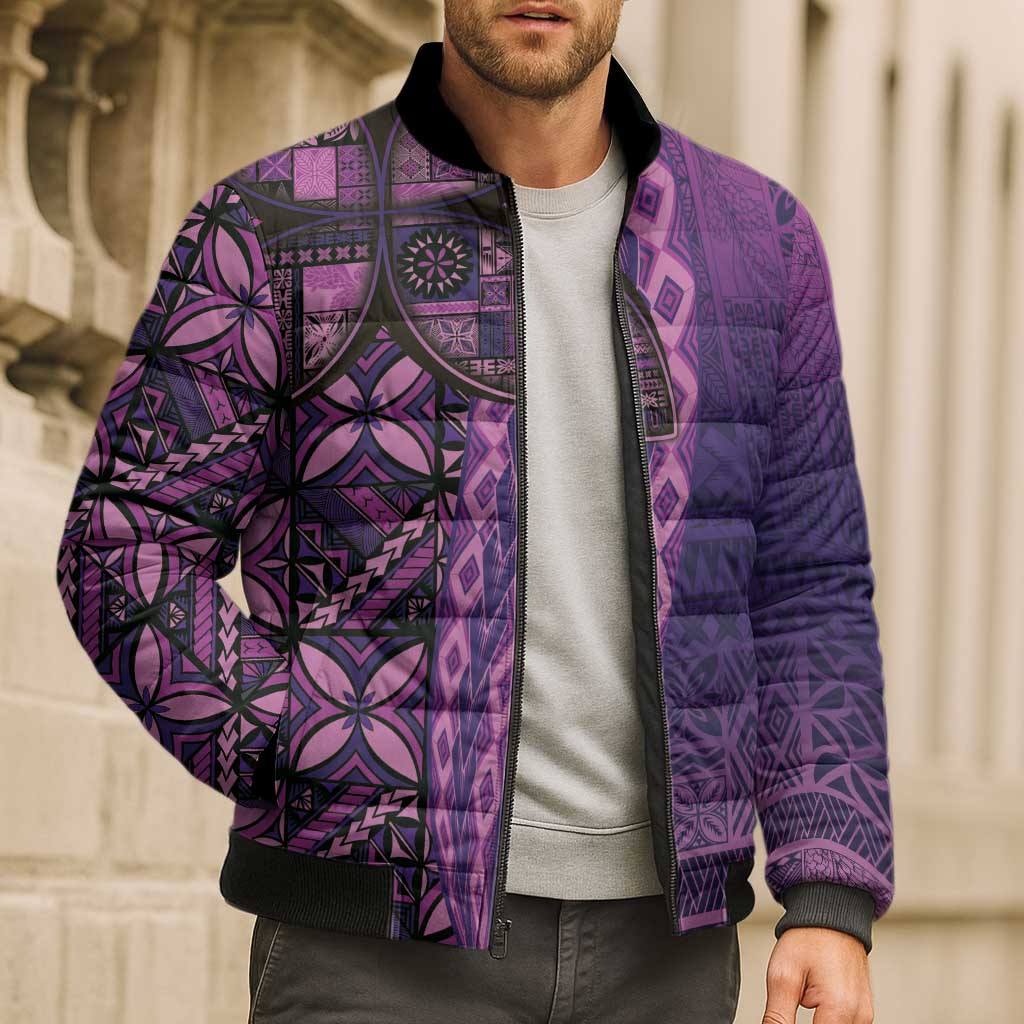 Samoan Pacific Tribal Flower Geometric Art Tattoos Bomber Puffer Jacket Siapo Pattern Purple Haze LT03 - Polynesian Pride