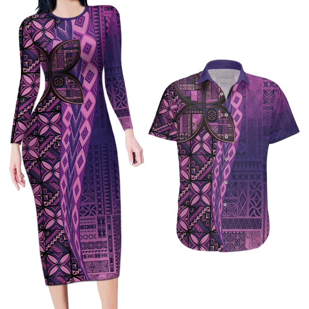 Samoan Pacific Tribal Flower Geometric Art Tattoos Couples Matching Long Sleeve Bodycon Dress and Hawaiian Shirt Siapo Pattern Purple Haze - Polynesian Pride