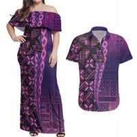 Samoan Pacific Tribal Flower Geometric Art Tattoos Couples Matching Off Shoulder Maxi Dress and Hawaiian Shirt Siapo Pattern Purple Haze - Polynesian Pride