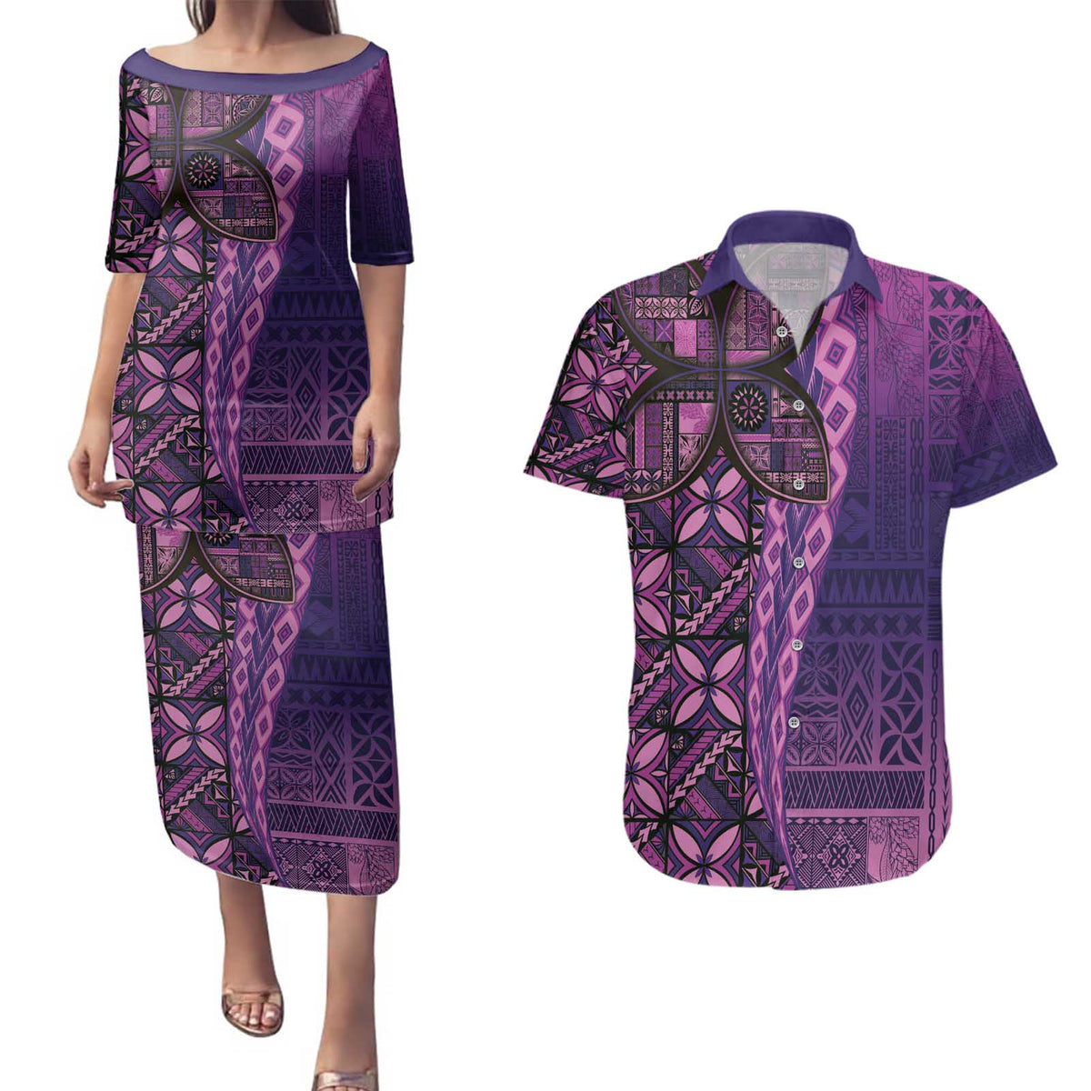 Samoan Pacific Tribal Flower Geometric Art Tattoos Couples Matching Puletasi and Hawaiian Shirt Siapo Pattern Purple Haze - Polynesian Pride