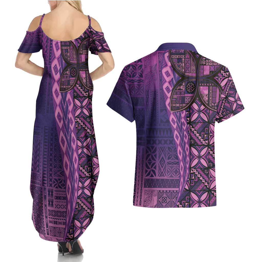 Samoan Pacific Tribal Flower Geometric Art Tattoos Couples Matching Summer Maxi Dress and Hawaiian Shirt Siapo Pattern Purple Haze - Polynesian Pride