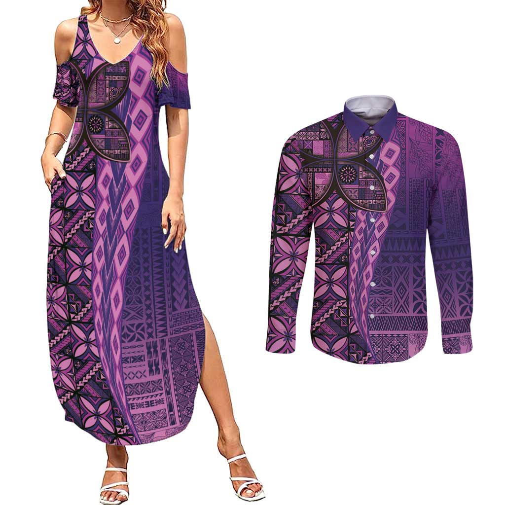 Samoan Pacific Tribal Flower Geometric Art Tattoos Couples Matching Summer Maxi Dress and Long Sleeve Button Shirt Siapo Pattern Purple Haze LT03 Purple - Polynesian Pride