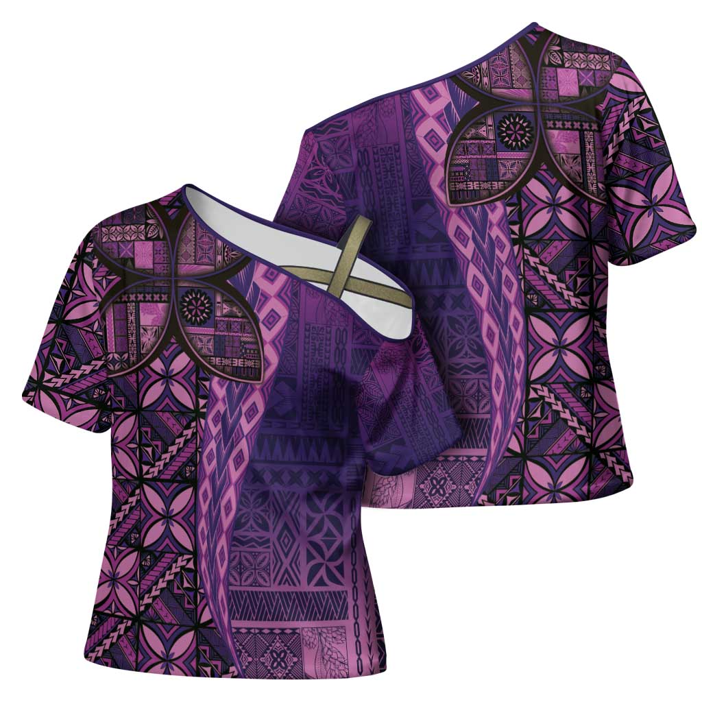 Samoan Pacific Tribal Flower Geometric Art Tattoos Cross Shoulder Shirt Siapo Pattern Purple Haze LT03 - Polynesian Pride