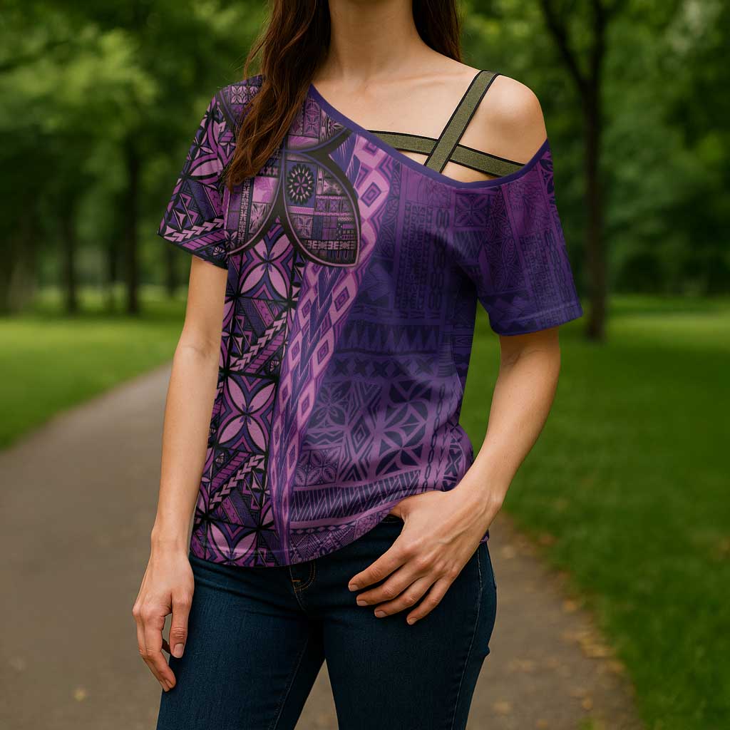Samoan Pacific Tribal Flower Geometric Art Tattoos Cross Shoulder Shirt Siapo Pattern Purple Haze LT03 - Polynesian Pride