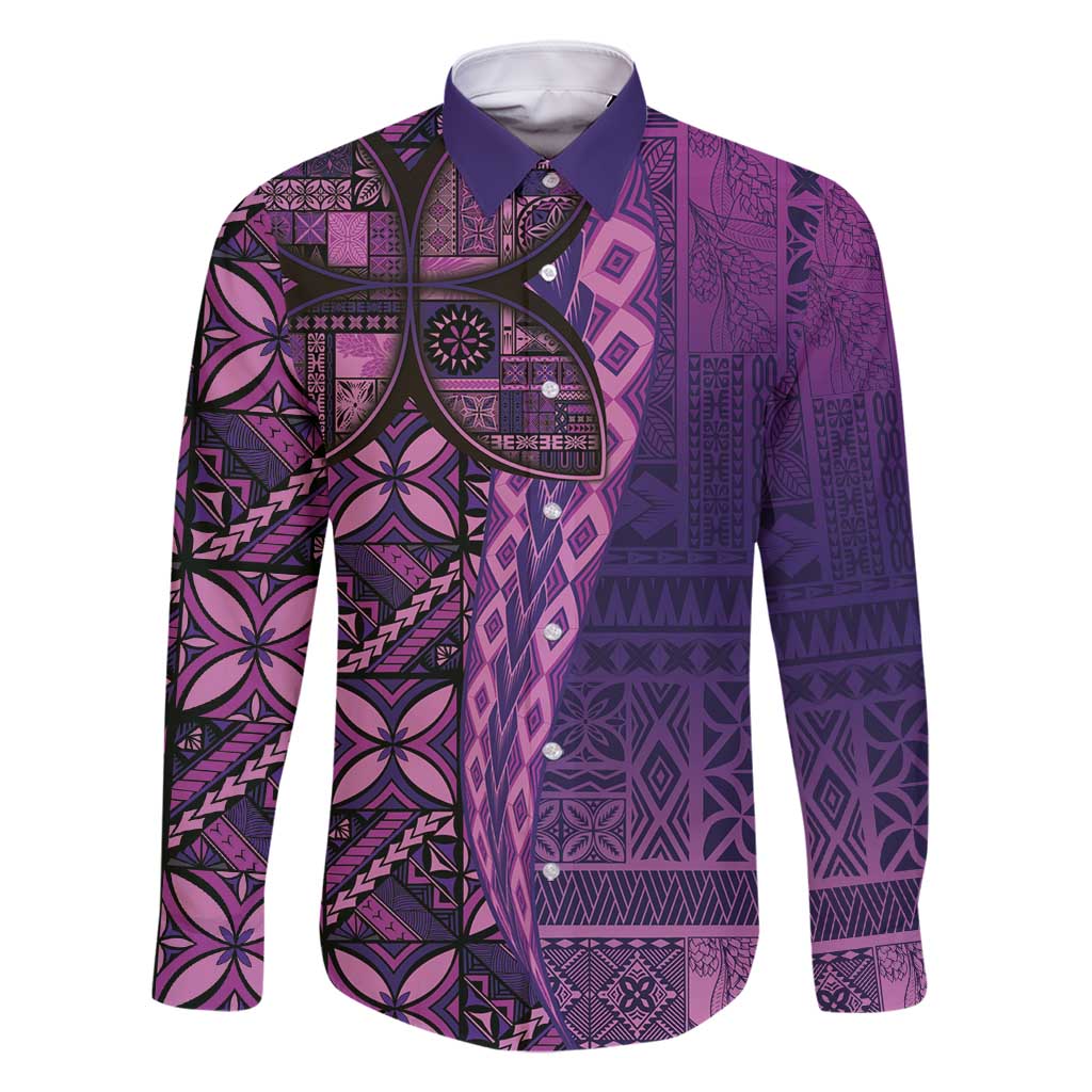 Samoan Pacific Tribal Flower Geometric Art Tattoos Family Matching Long Sleeve Bodycon Dress and Hawaiian Shirt Siapo Pattern Purple Haze - Polynesian Pride