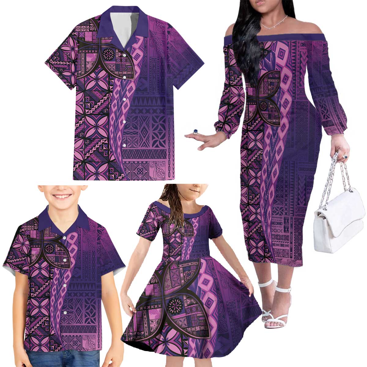 Samoan Pacific Tribal Flower Geometric Art Tattoos Family Matching Off The Shoulder Long Sleeve Dress and Hawaiian Shirt Siapo Pattern Purple Haze - Polynesian Pride